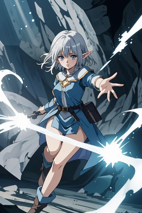 elf mage girl in cave dungeon, fighting , monsters, magic, magic circle, light effect