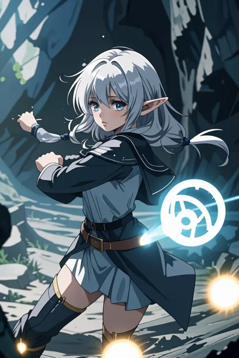 elf mage girl in cave dungeon, fighting , monsters, magic, magic circle, light effect