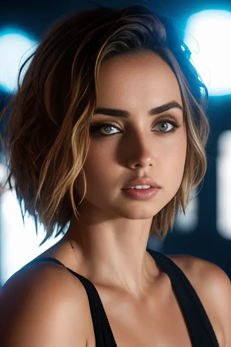 ana de armas, portrait, photo, highly detailed, , <lyco:AnaArmas-RealVision-V1.0:1.0>, backlit, colorful, neon lighting, cyberpunk aesthetic,