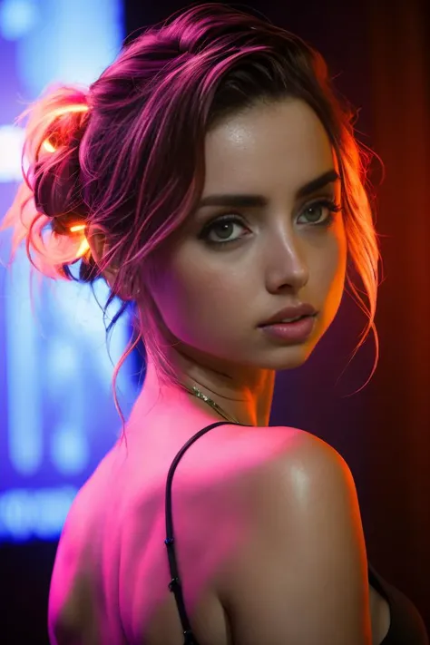 ana de armas, portrait, photo, highly detailed, , <lyco:AnaArmas-RealVision-V1.0:1.0>, backlit, colorful, neon lighting, cyberpunk aesthetic,