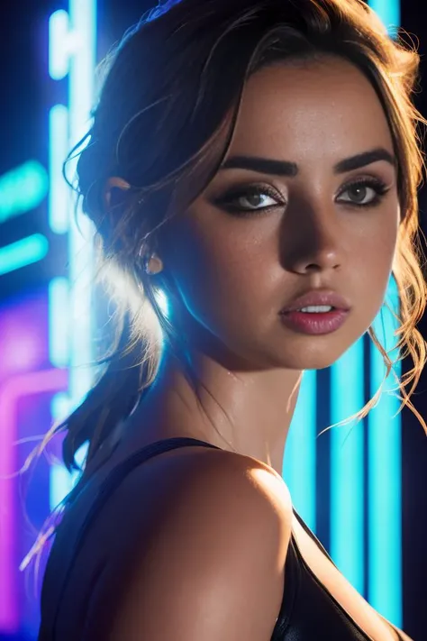 ana de armas, portrait, photo, highly detailed, , <lyco:AnaArmas-RealVision-V1.0:1.0>, backlit, colorful, neon lighting, cyberpunk aesthetic,