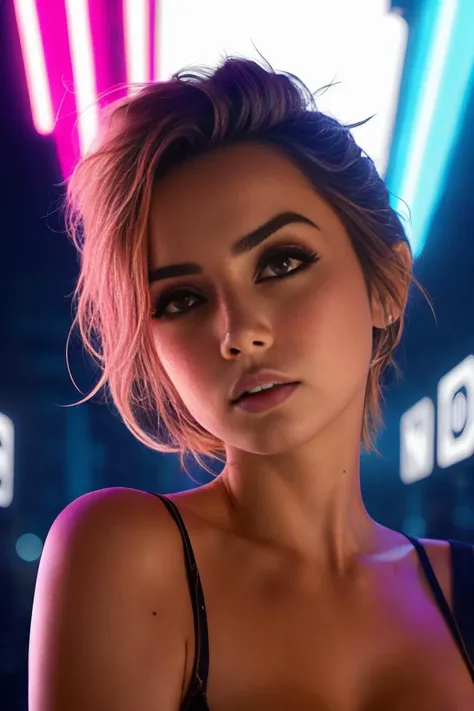 ana de armas, portrait, photo, highly detailed, , <lyco:AnaArmas-RealVision-V1.0:1.0>, backlit, colorful, neon lighting, cyberpunk aesthetic,