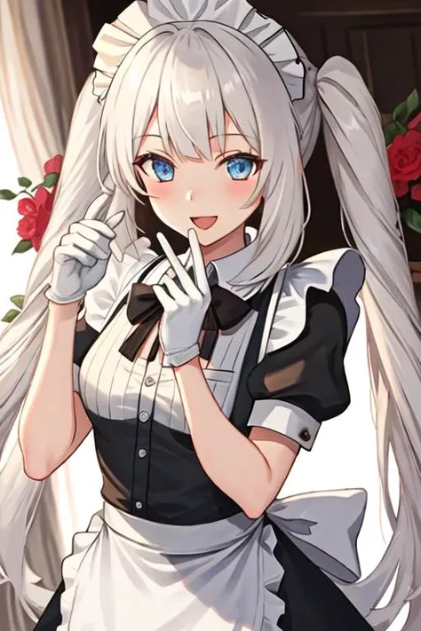 best quality, masterpiece, highres, solo, {maid:1.40}, {long maid dress:1.15}, {marie_antoinette_fgo:1.15}, long_hair, blue_eyes, smile, twintails, bangs, very_long_hair, blush, hat, breasts, flower, open_mouth, white_hair