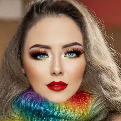 a close up of a woman with a rainbow scarf and makeup