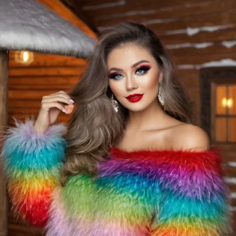 a woman with a colorful fur coat posing for a picture