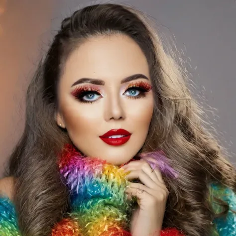 a woman with a colorful scarf and lipstick posing for a picture