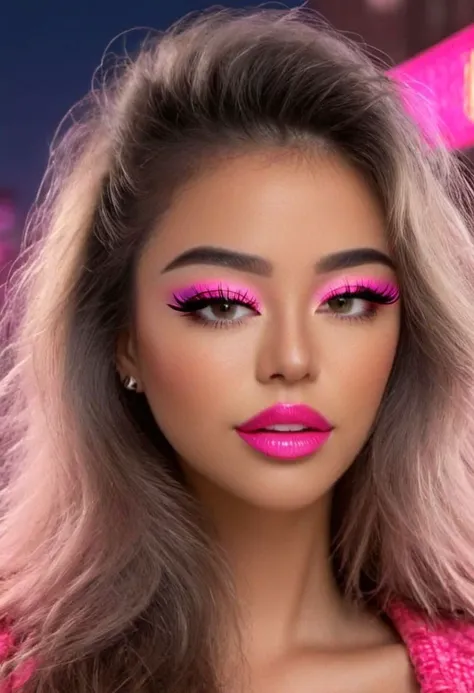 a woman with pink makeup and pink lipstick posing for a picture