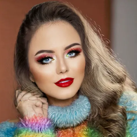 a woman with a colorful sweater and red lipstick posing for a picture