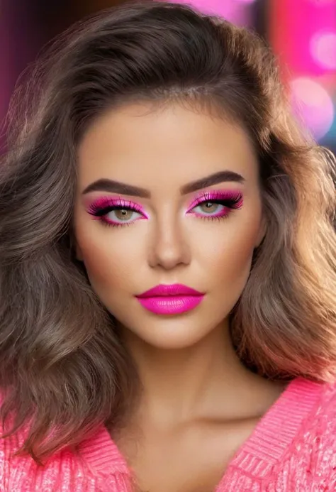 a woman with pink makeup and pink lipstick posing for a picture