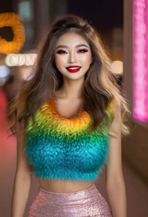 a woman with a rainbow top and a pink skirt posing for a picture