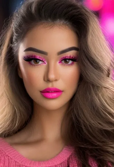 a woman with long hair and pink makeup is posing for a picture