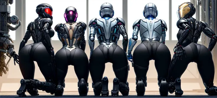 full body, from behind ,(( all fours,kneeling,ass grab)),shoulder to shoulder,,Masterpiece, best quality,((5 black armed females)),figure in sci-fi battle armor with cybernetic helmet, mask, sci-fi visor, bald head,   looking at viewer,((multiple)), <lora:...