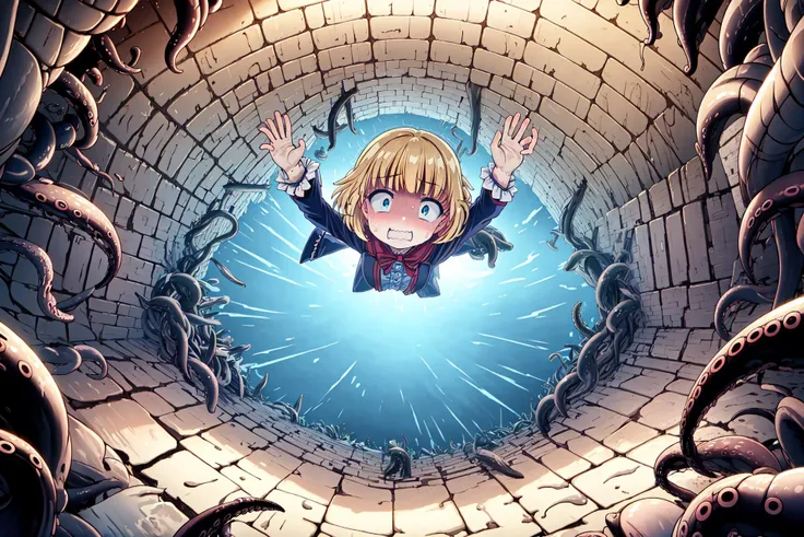 anime girl in a tunnel with tentacles surrounding her