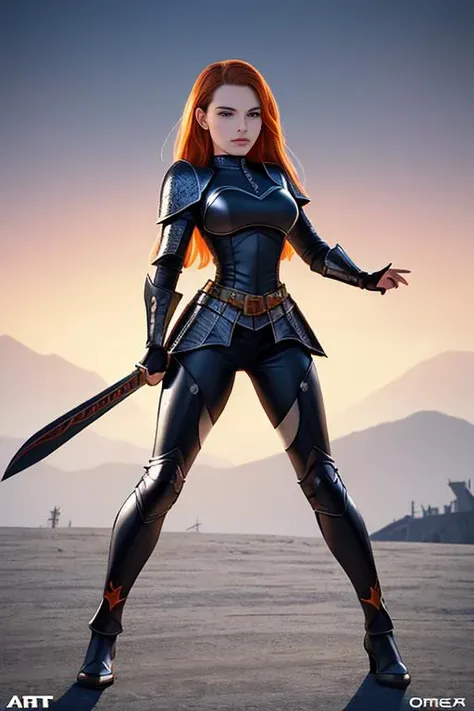 a woman in a black outfit holding a sword in a desert