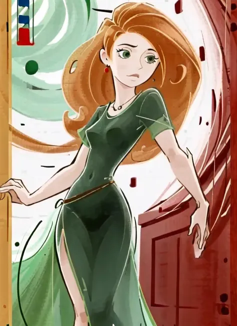 a cartoon picture of a woman in a green dress standing in front of a door