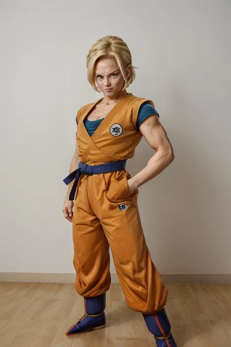 a blond woman wearing an orange judo outfit, hand in her pocket