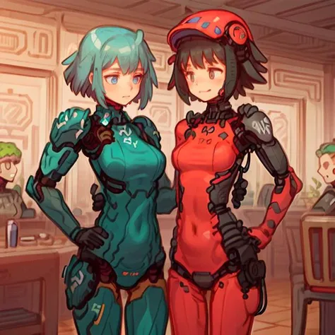 two anime girls in red and blue outfits standing next to each other