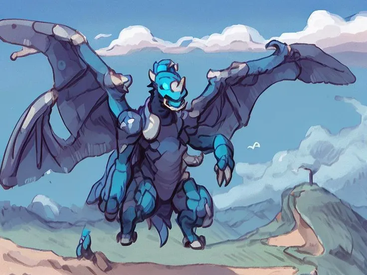 a close up of a cartoon of a blue dragon flying in the sky