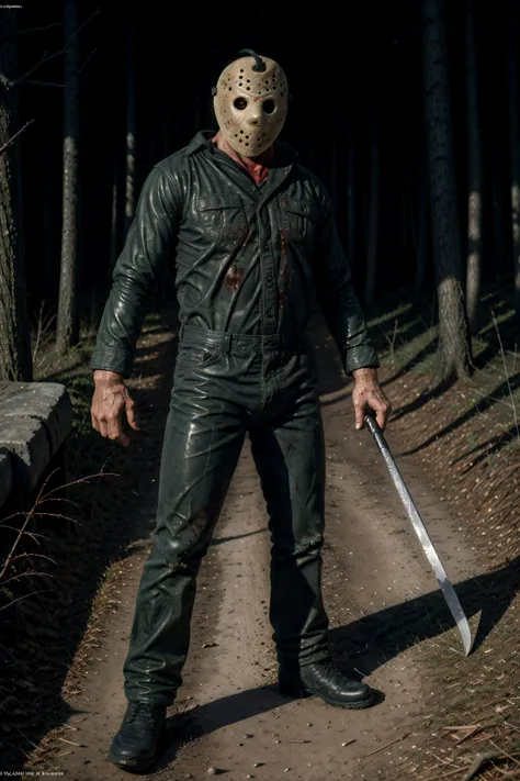 breathtaking a photo of ((jason voorhees)) chasing the viewer through a haunted woods at night, (extremely detailed cg unity 8k ...