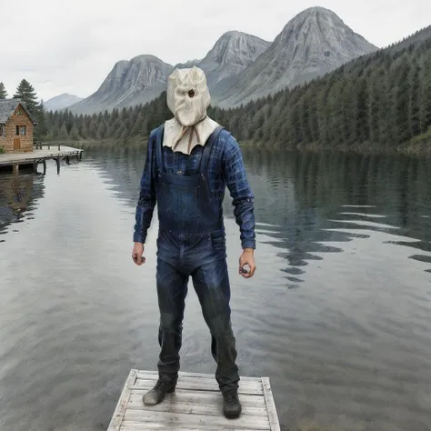 there is a man standing on a dock with a mask on