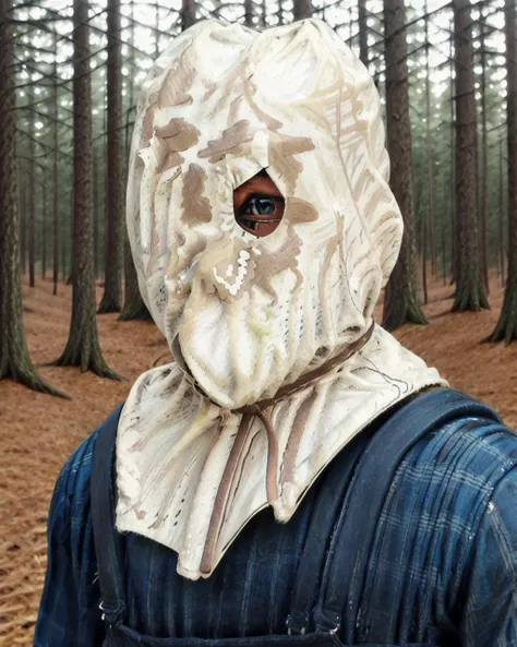 arafed man wearing a mask in a forest with trees