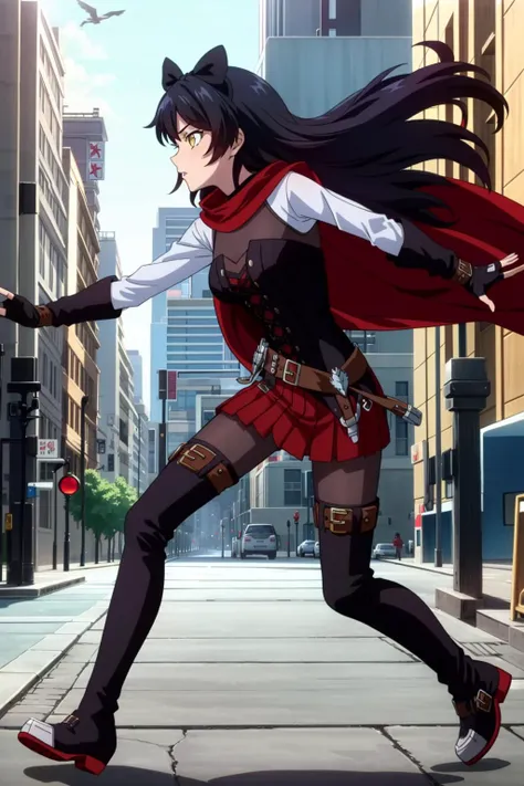 masterpiece,best quality,extremely detailed,<lora:rwby_belladonna:0.4> blake belladonna, hair bow,yellow eyes, 1girl, solo, <lora:RubyAtlas-05:0.9> atlasrose, red cape, pantyhose, belt, red skirt, corset, thigh boots, fingerless gloves, (long hair), full b...