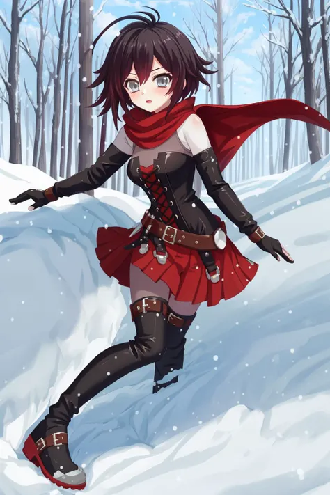 masterpiece, best quality, high quality, (1girl),solo,<lora:RubyAtlas:1>, ruby rose,atlasrose, black hair, gradient hair, grey eyes, red cape, white shirt, pantyhose, belt, red skirt, corset, thigh boots, fingerless gloves,  <lora:Iselestia_style:0.5>, sno...