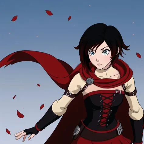 <lora:RubyAtlas:0.2>,atlasrose,black hair,gradient hair,grey eyes,red cape,white shirt,pantyhose,belt,red skirt,corset,thigh boots,fingerless gloves,(solo:1.2),rwby,Ruby (rwby),
masterpiece,realistic,beautiful background,detailed background,detailed hair,i...