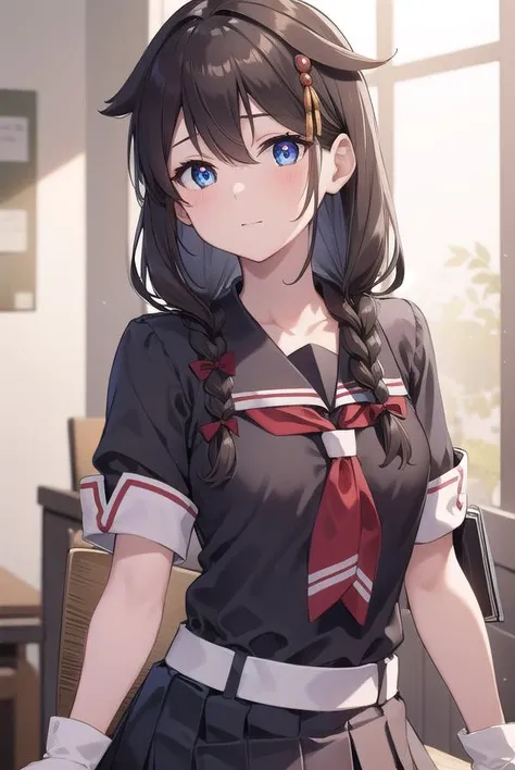 shigure, <lyco:shigure-lyco-nochekaiser:1>, 
shigure, ahoge, brown hair, blue eyes, braid, hair ornament, hair over shoulder, long hair, single braid, hair flaps, (small breast:1.2),
BREAK black gloves, black serafuku, black shirt, black skirt, fingerless ...