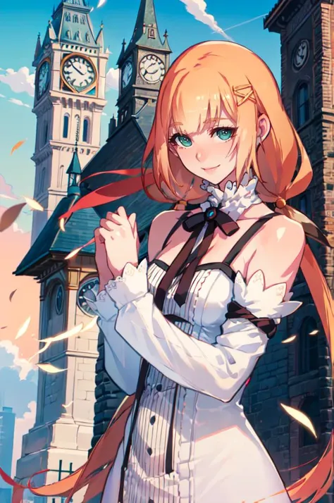 anime girl with long red hair and a white dress standing in front of a clock tower