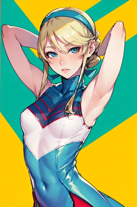 <lora:heroman_linadavis:0.9> lina davis, blue eyes, blonde hair, hairband, cheerleader, dress, bare shoulders,   <lora:ban!_locon_v2_5e4_32d_16c:1> blush, arms up, arms behind head,, absurdres, ultra detailed, masterpiece, best quality, aesthetic, detailed...