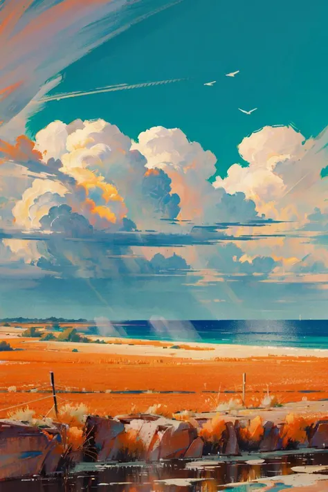 painting of a beach with a sky and clouds above it