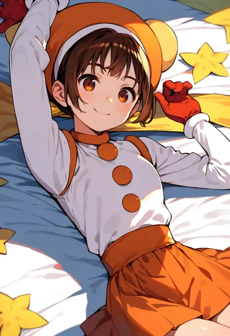 anime girl laying on a bed with a hat on her head