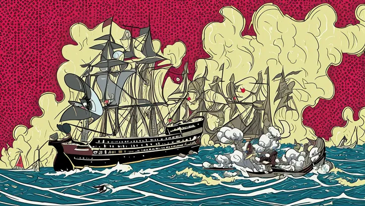 <lora:Age_Of_Sail_Battle_Painting:0.7> (pop art:1.4), sea, battle, fleet action, burning ships