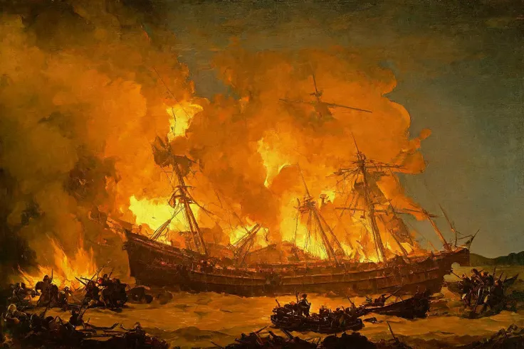 battle, fleet_action, gun smoke, night_action, burning_ship, explosion, ((in the style of caravaggio))