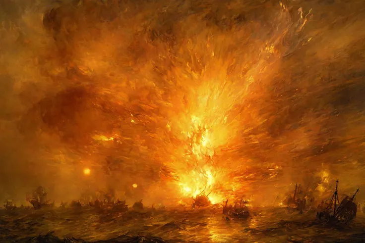 battle, fleet_action, gun smoke, night_action, burning_ship, explosion, ((in the style of turner))