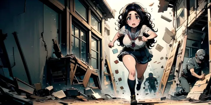 a woman in a short skirt running through a destroyed building