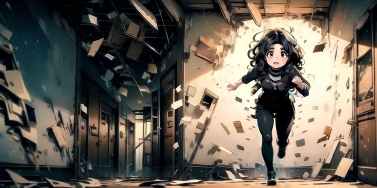 anime girl running through a room with broken walls and debris