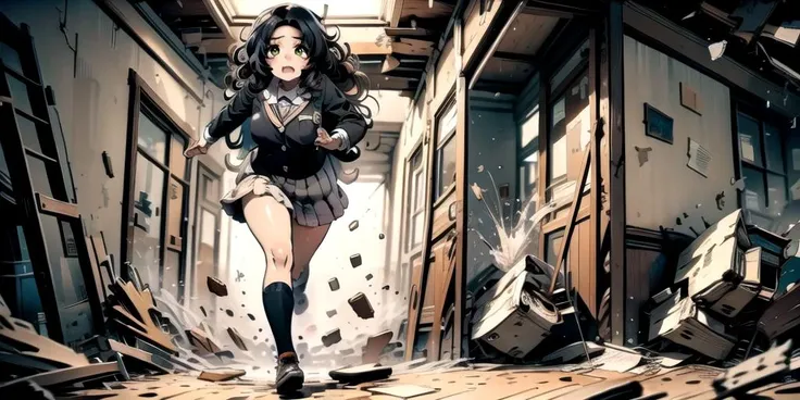 anime girl in a school uniform running through a room with broken windows