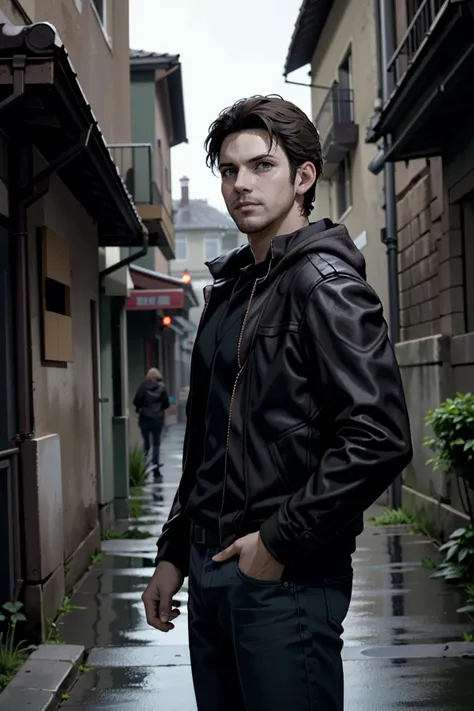 arafed man in black jacket standing in alley with buildings