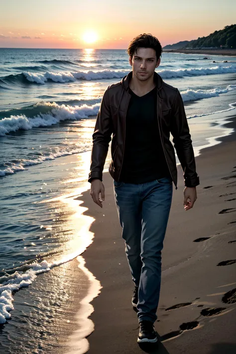 arafed man walking on the beach at sunset with his hand in his pocket