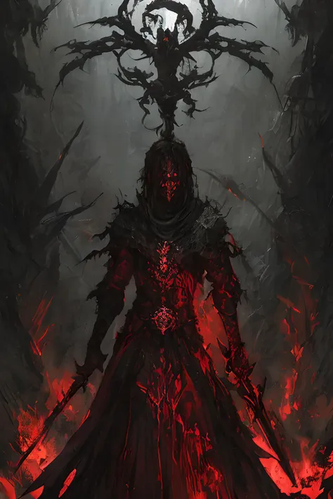 a demonic demon standing in a dark forest with red flames