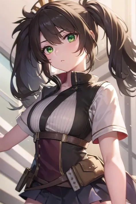 hmsyork, <lora:hms york v2-lora-nochekaiser:1>,
hms york, long hair, brown hair, hair ornament, (green eyes:1.3), twintails,
BREAK skirt, thighhighs, gloves, short sleeves, pleated skirt, shoes, black gloves, black thighhighs, miniskirt, black skirt, turre...