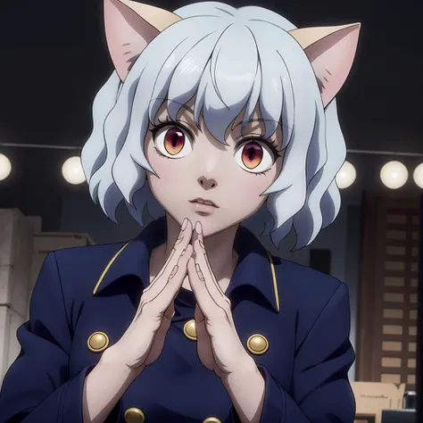 <lora:Neferpitou001:0.5>,
Neferpitou,1girl,red eyes,cat ears,
blue jacket,double-breasted,4 fingers,