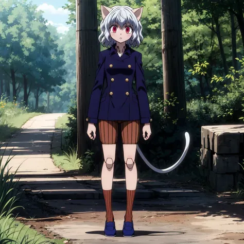 <lora:Neferpitou001:0.6>,
Neferpitou,1girl,red eyes,cat ears,
blue jacket,double-breasted,
(brown shorts:1.2),striped,
brown socks,blue footwear,
full body,standing,4 fingers,cat tail,
doll joints,nature,