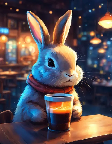 a cute Bunny holds a [cup of coffee|cup of coffee|carrot shaped mug],  in the style of realistic usage of light and color,  anime aesthetic,  cute and colorful,  in the style of soft-focused realism, the cup is shaped like a carrot, evening in a dark coffe...