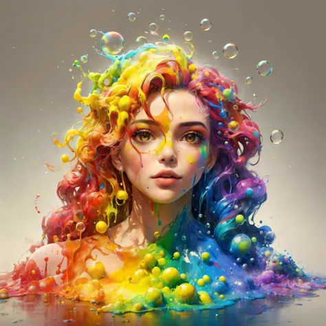 a woman with colorful hair and bubbles floating in water