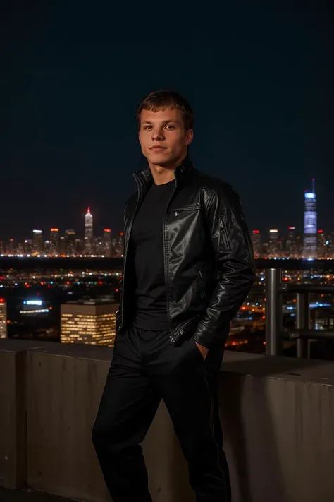 Solo, ChadLogan 1man, black jacket, t-shirt, pants, Home improvement, 
city skyline, towering skyscrapers, illuminated nightscape, metropolitan,
<lora:ChadLogan:0.8>