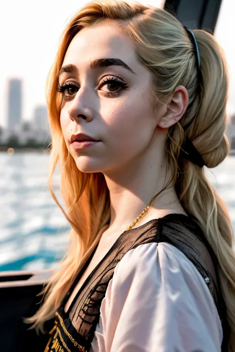 RAW, real photo portrait, cristinMil1 , on a boat, pretty face, insanely detailed eyes, light blonde hair, high ponytail, bokeh, natural light, depth of field, golden hour, sharp focus