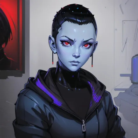 ((blue skin)), woman, very short black hair, buzz-cut, red eyes, black oversized hoodie, futuristic,  <lora:A_Short_Cut:1,8>, (((art of Ilya Kuvshinov)))